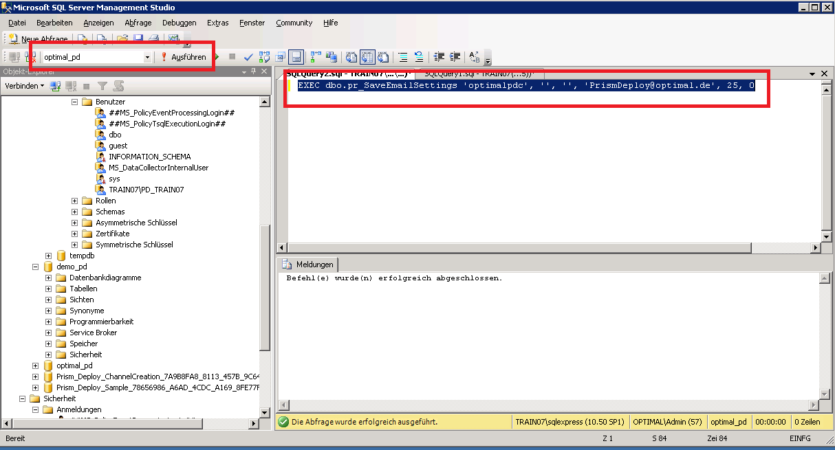 Erfolgreiche Ausführung des Datenbankscriptes